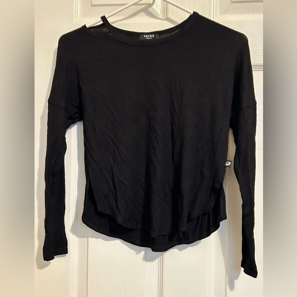 NWT Terez black long sleeve T girls size medium shoulder cutout dance top